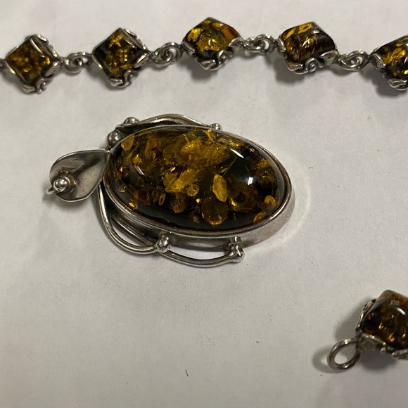 Gift 🎁 2pc Vintage 925 Sterling Silver Pendant and Bracelet set w/ Amber 🎁 - Picture 4 of 7